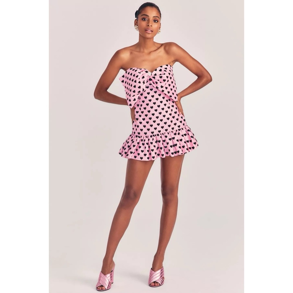 LoveShackFancy Tilson Bow Front Mini Dress in Pink Black Velvet Heart Pattern - Picture 4 of 11